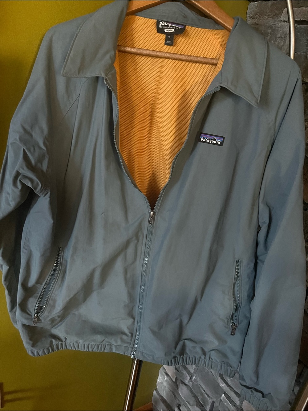 Patagonia MENS Slate Blue Bomber Jacket with Orange Lining